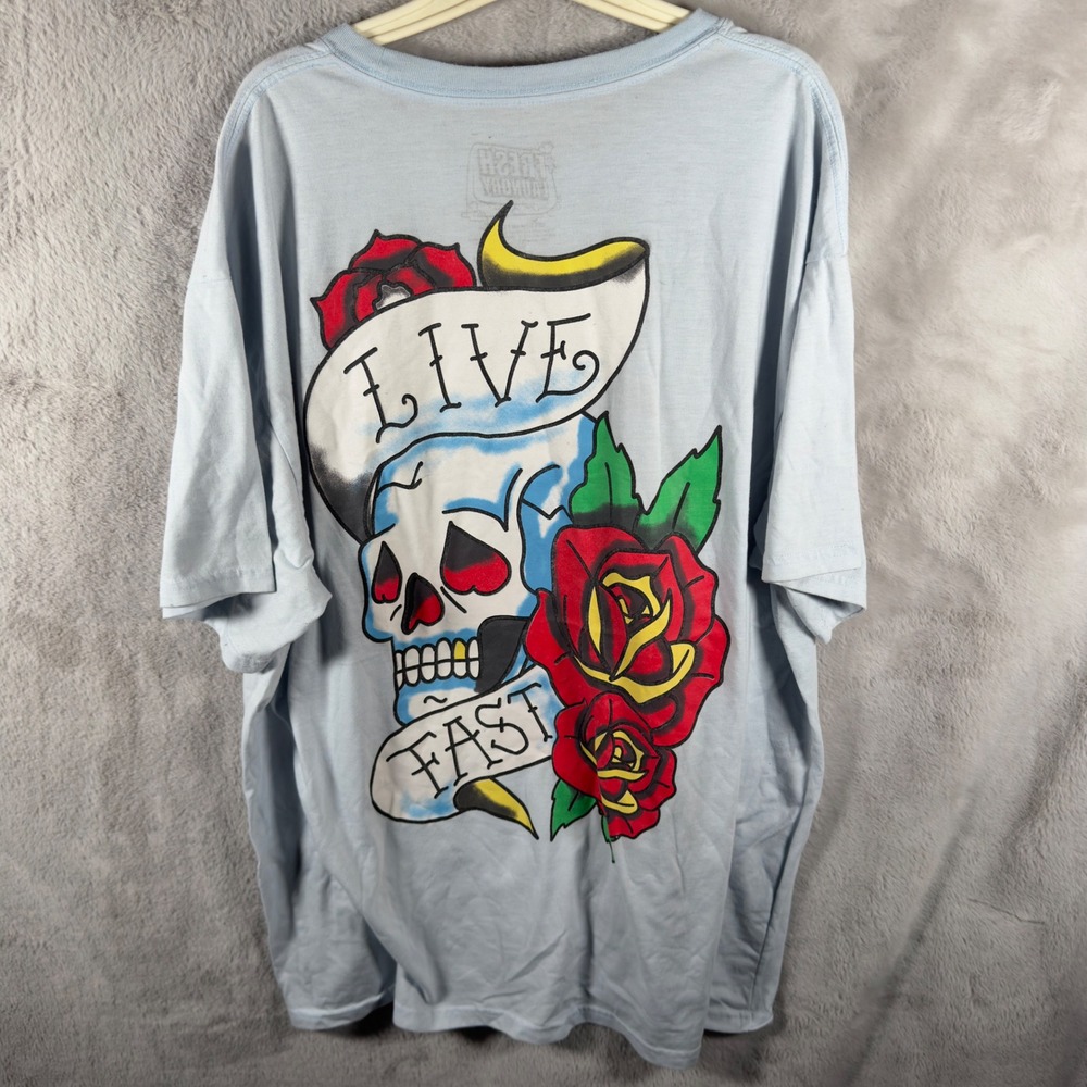 Fresh Laundry Mens 3XL Light Blue Live Fast Skull Rose‎ Tattoo Graphic T-Shirt